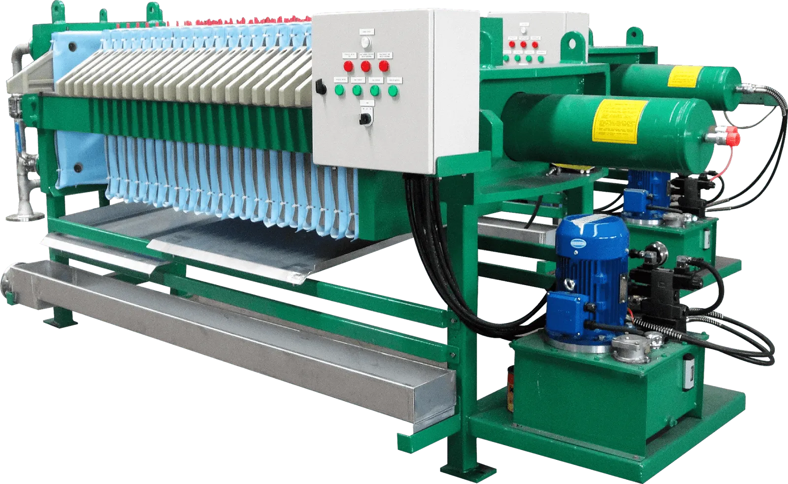 Membrane filter press with hydraulic closing unit and control panel